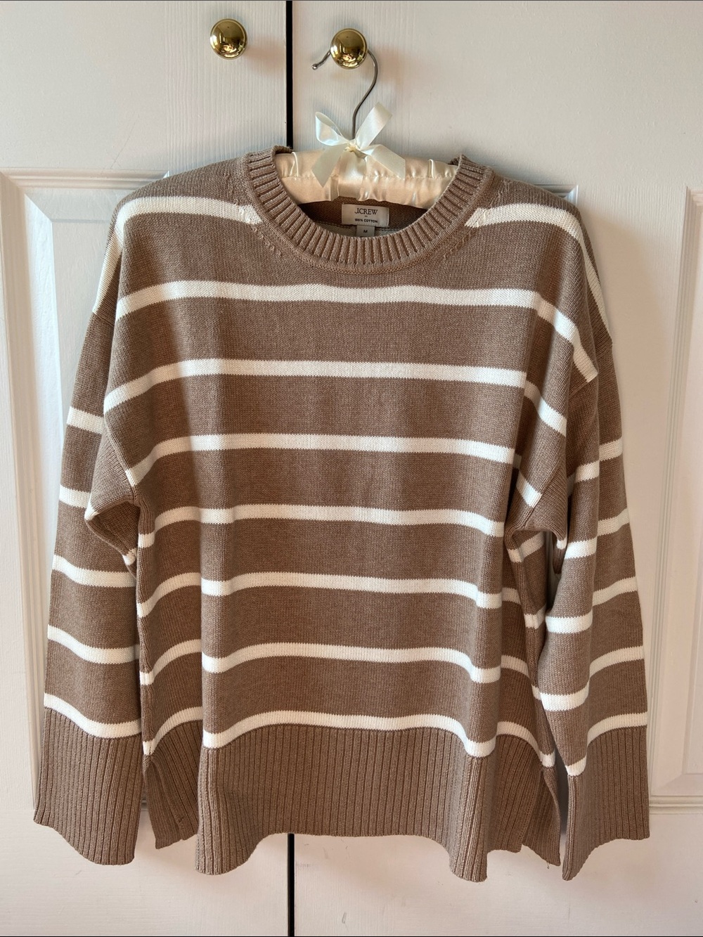 J. Crew Taupe and White Striped Crewneck Sweater, M, NWT